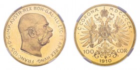 AUSTRIA. Franz Josef I, 1848-1916. Gold Proof 100 Corona 1910-A, Vienna. 32.26 g. Frühwald 1918, Herinek 319, Novotný 140, Friedberg 507. In US plasti...
