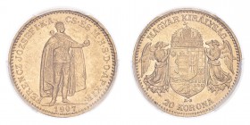AUSTRIA. Franz Josef I, 1848-1916. Gold 20 Corona 1907-KB, Kremnitz. 6.78 g. Frühwald 2097, Herinek 407, Novotný 133, Friedberg 252. Very rare. In US ...