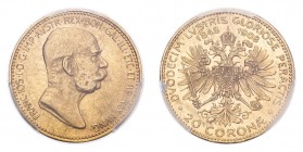 AUSTRIA. Franz Josef I, 1848-1916. Gold 20 Corona 1908, Vienna. 6.45 g. Frühwald 2183, Herinek 342, Novotný 160, Friedberg 515. 60 Year anniversary of...