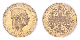 AUSTRIA. Franz Josef I, 1848-1916. Gold 20 Corona 1909-A, Vienna. Signature SCHWARTZ. 6.45 g. Frühwald 1939, Herinek 343, Friedberg 509, Novotný 136. ...