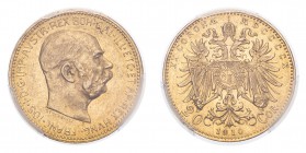 AUSTRIA. Franz Josef I, 1848-1916. Gold 20 Corona 1910, Vienna. 6.45 g. Frühwald 1940, Herinek 345, Novotný 136, Friedberg 509. In US plastic holder, ...