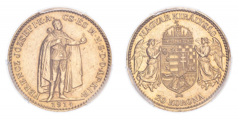 AUSTRIA. Franz Josef I, 1848-1916. Gold 20 Corona 1914-KB, Kremnitz. 6.78 g. Frü...