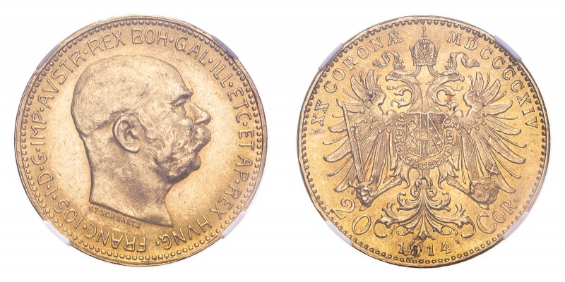 AUSTRIA. Franz Josef I, 1848-1916. Gold 20 Corona 1914, Vienna. 6.78 g. Frühwald...
