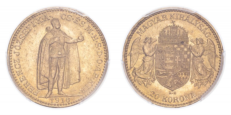 AUSTRIA. Franz Josef I, 1848-1916. Gold 20 Corona 1916-KB, Kremnitz. 6.78 g. Frü...