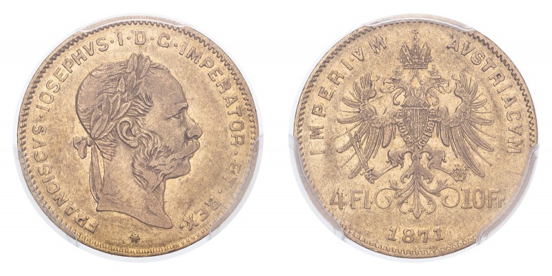 AUSTRIA. Franz Josef I, 1848-1916. Gold 10 Francs 1871, Vienna. 3.23 g. Frühwald...