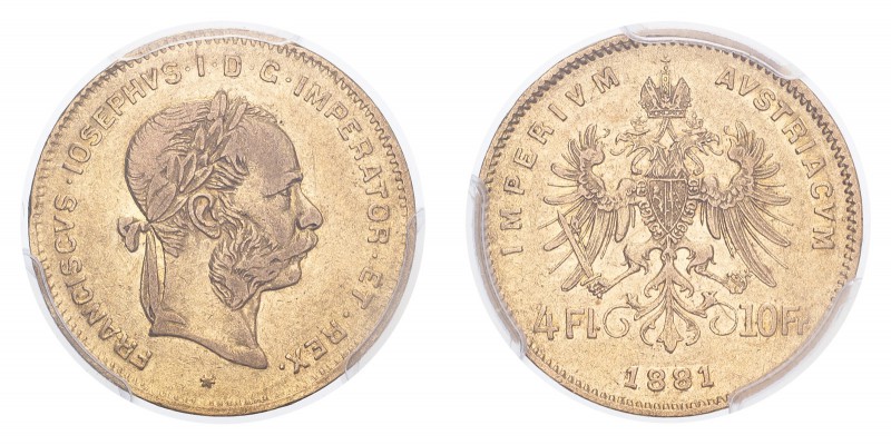 AUSTRIA. Franz Josef I, 1848-1916. Gold 10 Francs 1881, Vienna. 3.23 g. Frühwald...