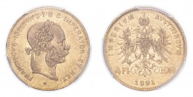 AUSTRIA. Franz Josef I, 1848-1916. Gold 10 Francs 1881, Vienna. 3.23 g. Frühwald 1755, Herinek 304, Friedberg 247, Novotný 124. In US plastic holder, ...