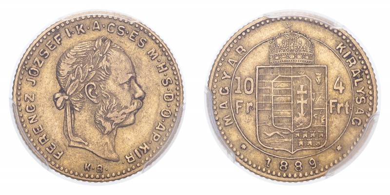 AUSTRIA. Franz Josef I, 1848-1916. Gold 10 Francs 1889-KB, Kremnitz. 3.23 g. Frü...
