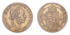 AUSTRIA. Franz Josef I, 1848-1916. Gold 10 Francs 1889-KB, Kremnitz. 3.23 g. Frühwald 1763, Herinek 312, Friedberg 247, Novotný 124. In US plastic hol...