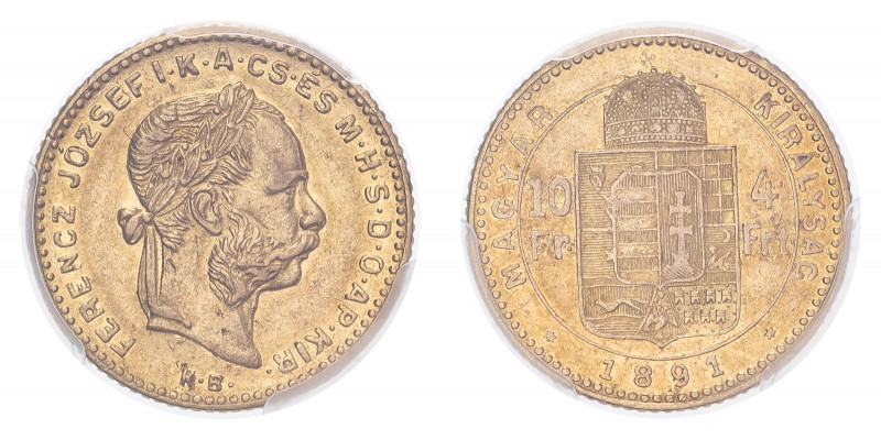 AUSTRIA. Franz Josef I, 1848-1916. Gold 10 Francs 1891-KB, Kremnitz. 3.23 g. Frü...