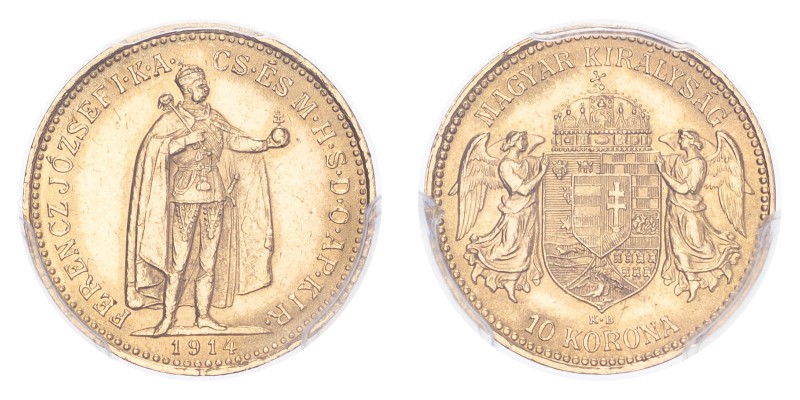 AUSTRIA. Franz Josef I, 1848-1916. Gold 10 Corona 1914-KB, Kremnitz. 3.39 g. Frü...