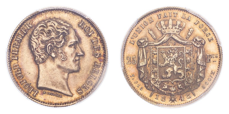 BELGIUM. Leopold I, 1831-65. Gold 25 Francs 1848, 7.89 g. KM-13.1; Fr-405. In US...
