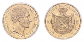 BELGIUM. Leopold I, 1831-65. Gold 10 Francs 1850, 3.23 g. KM-18; Fr-408. In US plastic holder, graded PCGS XF45.