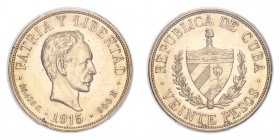 CUBA. Republic, 1902-59. Gold 20 Pesos 1915, 33.44 g. Calendar year mintage 57,000. KM-21. In US plastic holder, graded PCGS AU58, certification numbe...