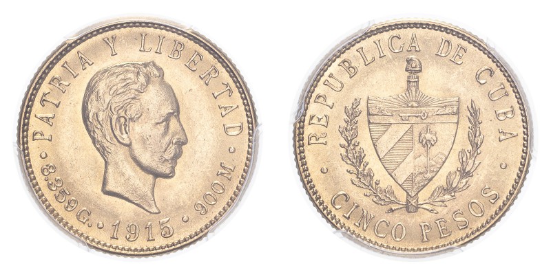 CUBA. Republic, 1902-59. Gold 5 Pesos 1915, 8.36 g. Calendar year mintage 696,00...