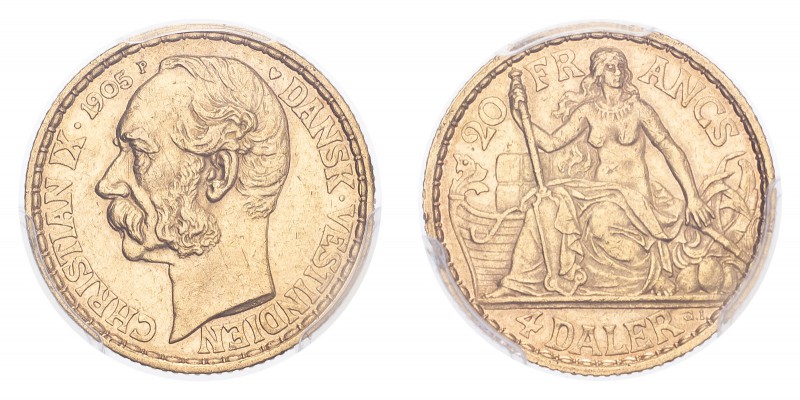 DANISH WEST INDIES. Christian IX, 1863-1906. Gold 4 Daler 1905, 6.45 g. KM-72; F...
