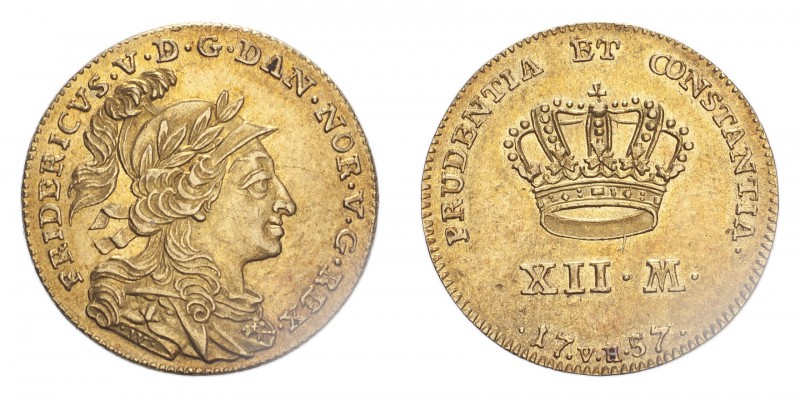 DENMARK. Frederick V, 1746-66. Gold 12 Mark 1757, Copenhagen. 3.49 g. KM-585; Fr...