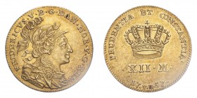 DENMARK. Frederick V, 1746-66. Gold 12 Mark 1757, Copenhagen. 3.49 g. KM-585; Fr-262; H-23. Helmet type. AUNC.