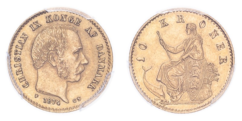 DENMARK. Christian IX, 1863-1906. Gold 10 Kroner 1874, 4.48 g. KM-790.1; Fr-296....