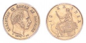 DENMARK. Christian IX, 1863-1906. Gold 10 Kroner 1874, 4.48 g. KM-790.1; Fr-296. In US plastic holder, graded PCGS MS62, certification number 81698763...
