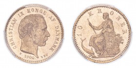 DENMARK. Christian IX, 1863-1906. Gold 10 Kroner 1900, 4.48 g. KM-790.2; Fr-296. In US plastic holder, graded PCGS MS63, certification number 81698764...