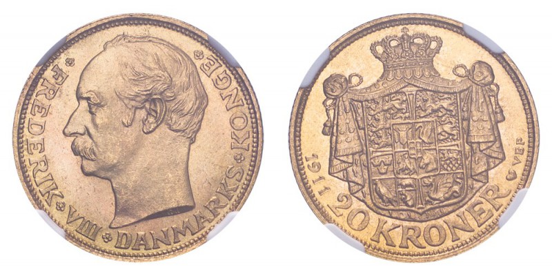 DENMARK. Frederik VIII, 1906-12. Gold 20 Kroner 1911, Copenhagen. 8.96 g. Calend...
