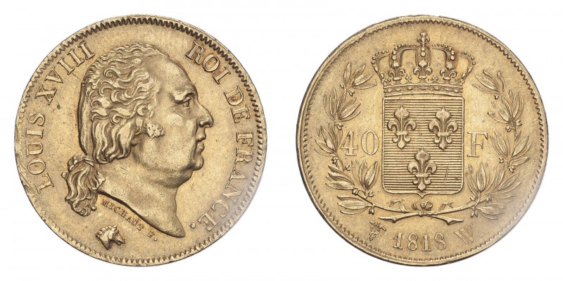 FRANCE. Louis XVIII, 1814-24. Gold 40 Francs 1818-W, Lille. 12.9 g. Gad-1092; Fr...