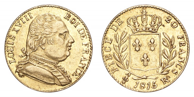 FRANCE. Louis XVIII, exile, 1815. Gold 20 Francs 1815-R, London. 6.45 g. Gad-102...