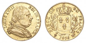 FRANCE. Louis XVIII, exile, 1815. Gold 20 Francs 1815-R, London. 6.45 g. Gad-1027. Struck in London to pay for soldiers in France. Extremely fine.