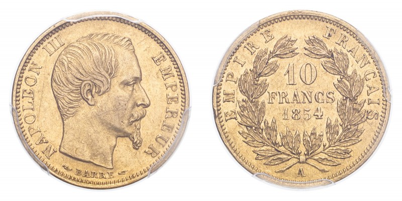 FRANCE. Napoleon III, 1852-70. Gold 10 Francs 1854-A, Paris. 3.23 g. Gad-1013; F...