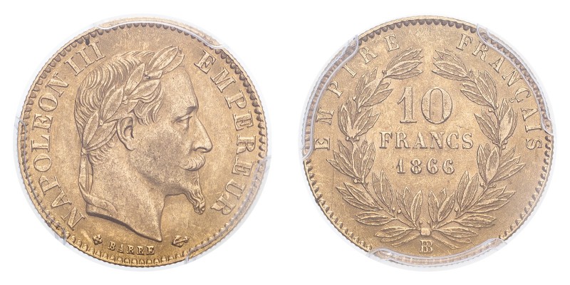 FRANCE. Napoleon III, 1852-70. Gold 10 Francs 1866-BB, Strasbourg. 3.23 g. Gad-1...
