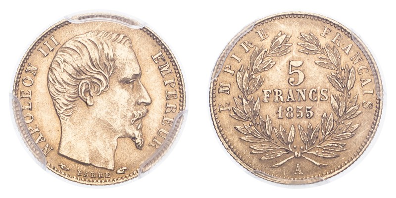 FRANCE. Napoleon III, 1852-70. Gold 5 Francs 1855-A, Paris. 1.61 g. Gad-1000; Fr...