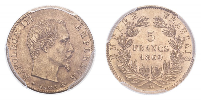 FRANCE. Napoleon III, 1852-70. Gold 5 Francs 1860-A, Paris. 1.61 g. Gad-1001; Fr...