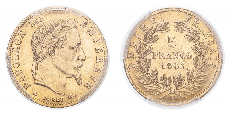 FRANCE. Napoleon III, 1852-70. Gold 5 Francs 1863-BB, Paris. 1.61 g. Gad-1002; F...