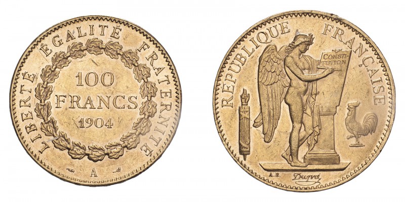 FRANCE. Third Republic, 1870-1940. Gold 100 Francs 1904-A, Paris. 32.26 g. Gad-1...