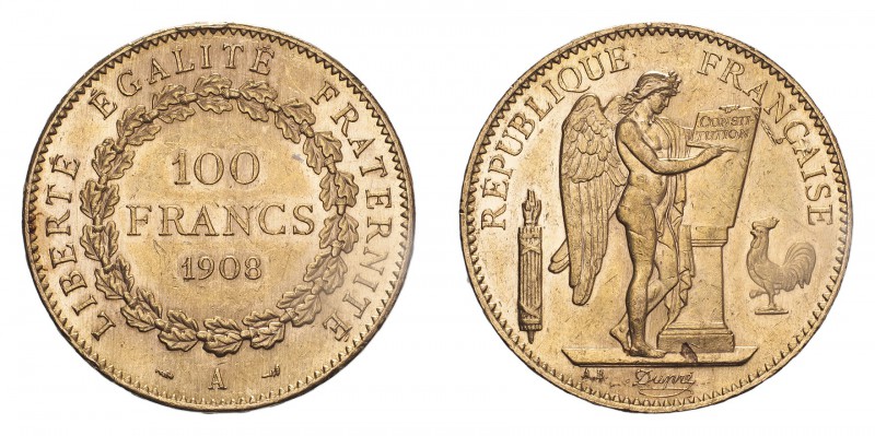 FRANCE. Third Republic, 1870-1940. Gold 100 Francs 1908-A, Paris. 32.26 g. Gad-1...