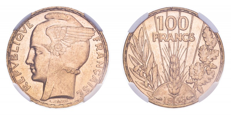 FRANCE. Third Republic, 1870-1940. Gold 100 Francs 1936, Paris. 6.55 g. Calendar...