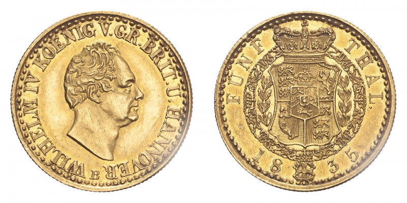 GERMANY: HANNOVER. William IV, 1830-37. Gold 5 Taler 1835-B, Hannover. 6.66 g. F...