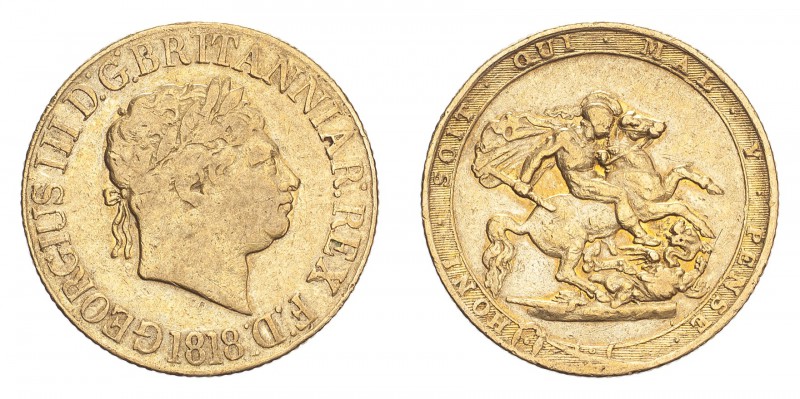 GREAT BRITAIN. George III, 1760-1820. Gold Sovereign 1818, London. 7.99 g. S-378...