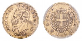 ITALY. Vittorio Emanuele II, 1861-78. Gold 5 Lire 1863-T-BN, Turin. 1.61 g. Pag-479; Fr-16. In US plastic holder, graded PCGS AU53, certification numb...