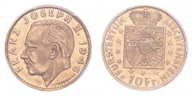LIECHTENSTEIN. Franz-Josef II, 1938-89. Gold 10 Franken 1946-B, 3.23 g. Fr-18; KM-Y13. In US plastic holder, graded PCGS MS67, certification number 83...