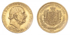 MONTENEGRO. Nikola I, 1860-1910. Gold 20 Perpera 1910, Vienna. 6.45 g. KM-10. EF.