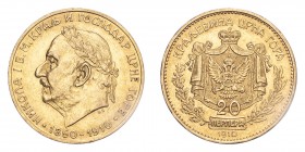 MONTENEGRO. Nikola I, 1860-1910. Gold 20 Perpera 1910, Vienna. Golden Jubilee. 6.45 g. KM-11. UNC.
