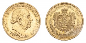 MONTENEGRO. Nikola I, 1860-1910. Gold 10 Perpera 1910, Vienna. 3.23 g. KM-8. EF.