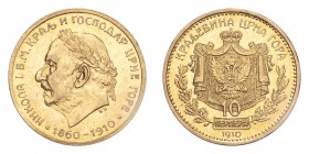 MONTENEGRO. Nikola I, 1860-1910. Gold 10 Perpera 1910, Vienna. Golden Jubilee. 3.23 g. KM-9. EF.