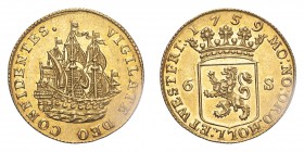 NETHERLANDS. Dutch Republic, 1581–1795. Shipschelling (6 stuivers) 1759, 7.01 g. KM-45a; Delm. 816 (R1). Shipschelling/Scheepjesschelling, struck in g...