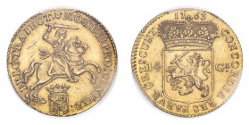 NETHERLANDS. Republic, 1581-1795. Gold 14 Gulden 1763, Gouden Rijder. 9.93 g. KM-104; Fr-288. So called Gouden Rijder. A few scratches in obverse fiel...