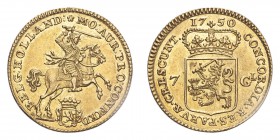 NETHERLANDS. Republic, 1581-1795. Gold 7 Gulden 1750, 4.98 g. KM-96; Fr-254. EF.