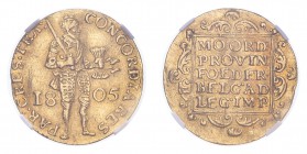 NETHERLANDS. Batavian Republic, 1795–1806. Gold Ducat 1805 TRA, 3.49 g. Fr-318; KM-11.2. In US plastic holder, graded NGC AU55, certification number 3...