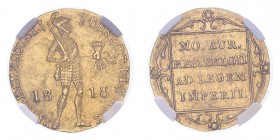 NETHERLANDS. Willem I, 1815-40. Gold Ducat 1818, 3.49 g. Fr-331; KM-50.1. In US plastic holder, graded NGC AU58, certification number 3925701-062.